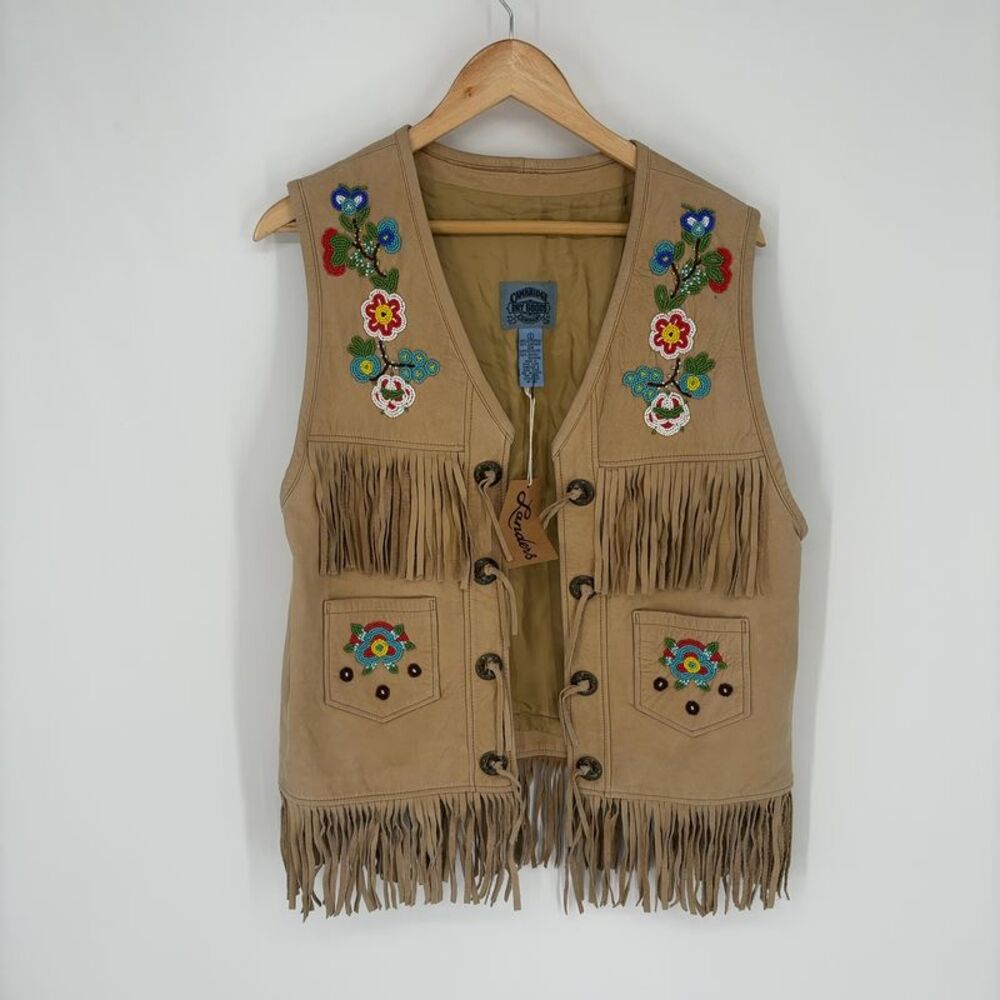 Cambridge Dry Goods Tan Suede Fringe Vest with Multicolor Floral Embroidery